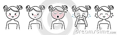 Icon set of girls doing beauty procedures: eye patches, nose pore strip, sheet mask, face wash. Vector Illustration